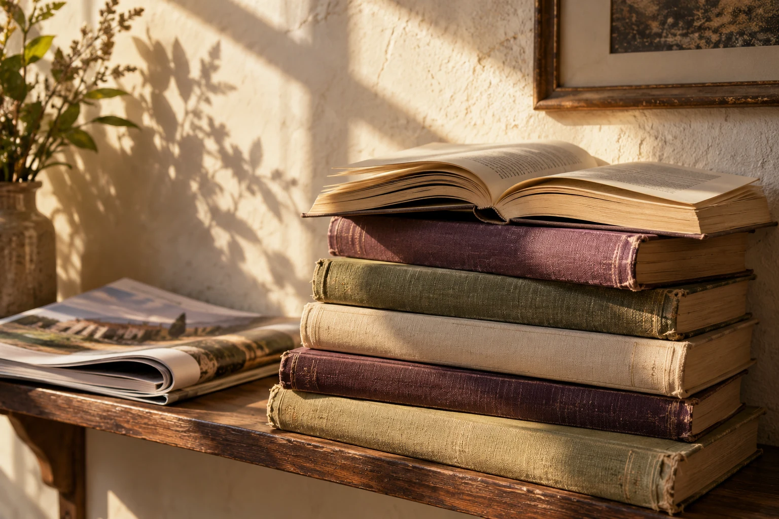 Una pila di libri rilegati, un libro aperto e una rivista nella luce calda del sole; immagine illustrativa.